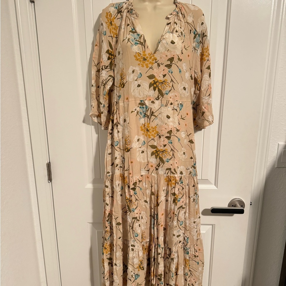 Spartina Adeline‎ Poppy Beige Floral Tiered Midi Dress Medium - Picture 2 of 7